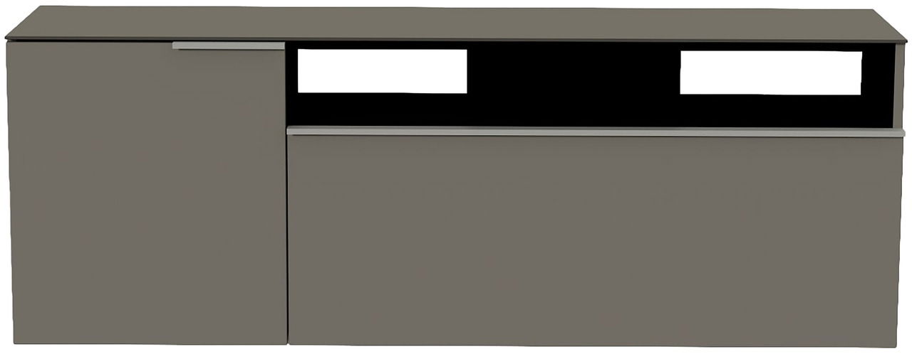 Frontansicht eines grauen Hänge-Lowboards mit zwei Türen und einem offenen Fach.