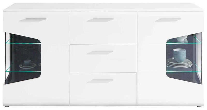 Weißes Sideboard mit drei Schubladen in der Mitte und zwei Glastüren an den Seiten, frontal betrachtet.