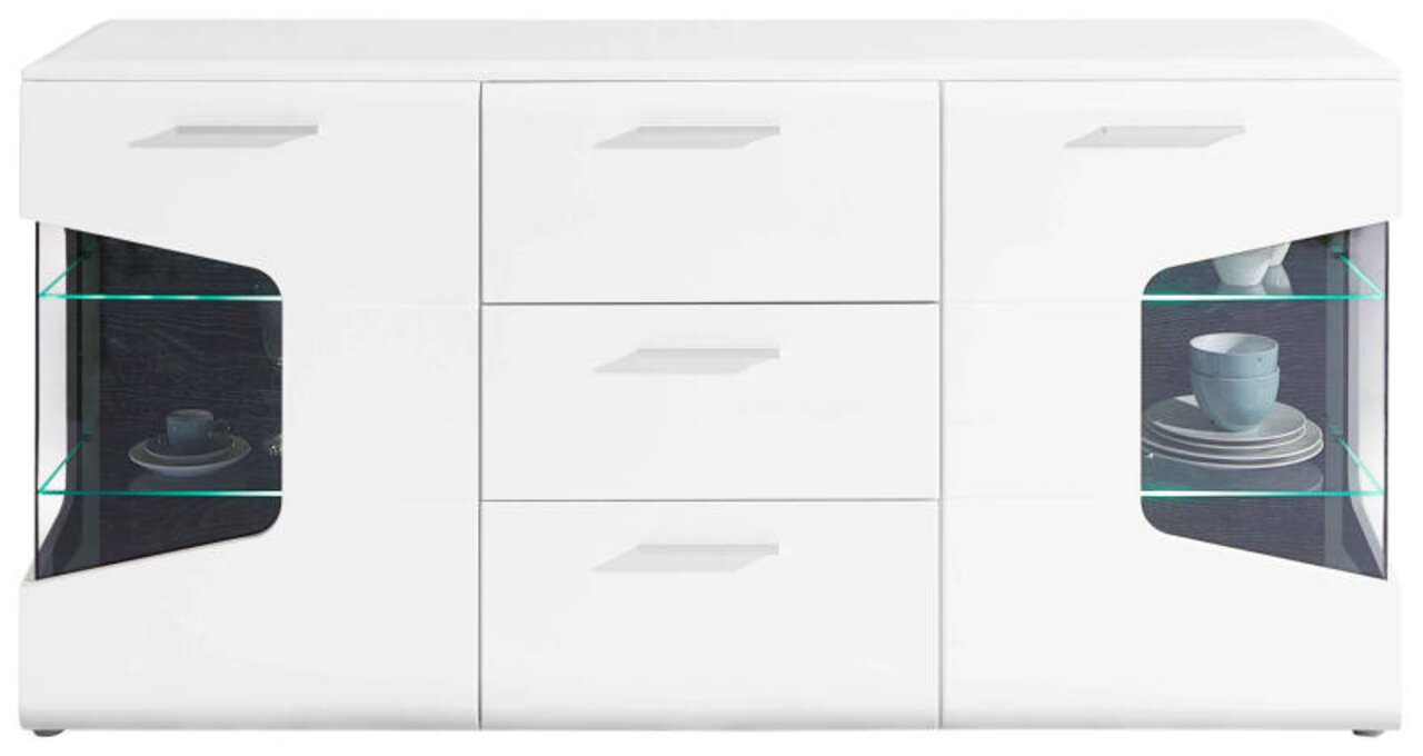 Weißes Sideboard mit drei Schubladen in der Mitte und zwei Glastüren an den Seiten, frontal betrachtet.