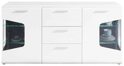 Weißes Sideboard mit drei Schubladen in der Mitte und zwei Glastüren an den Seiten, frontal betrachtet.