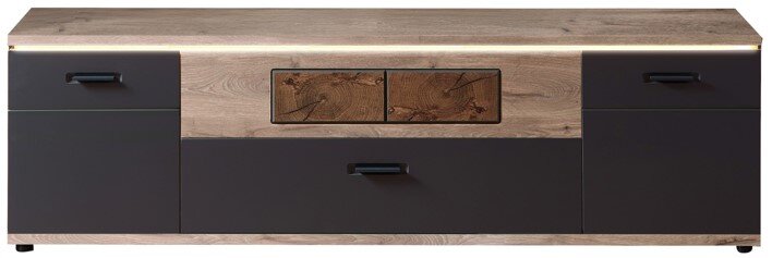 Stylife Lowboard SINA Modernes Lowboard/TV-Board in Holzoptik mit dunkelgrauen Fronten, mittlerer Schublade und integrierter LED-Lichtleiste, Frontansicht.