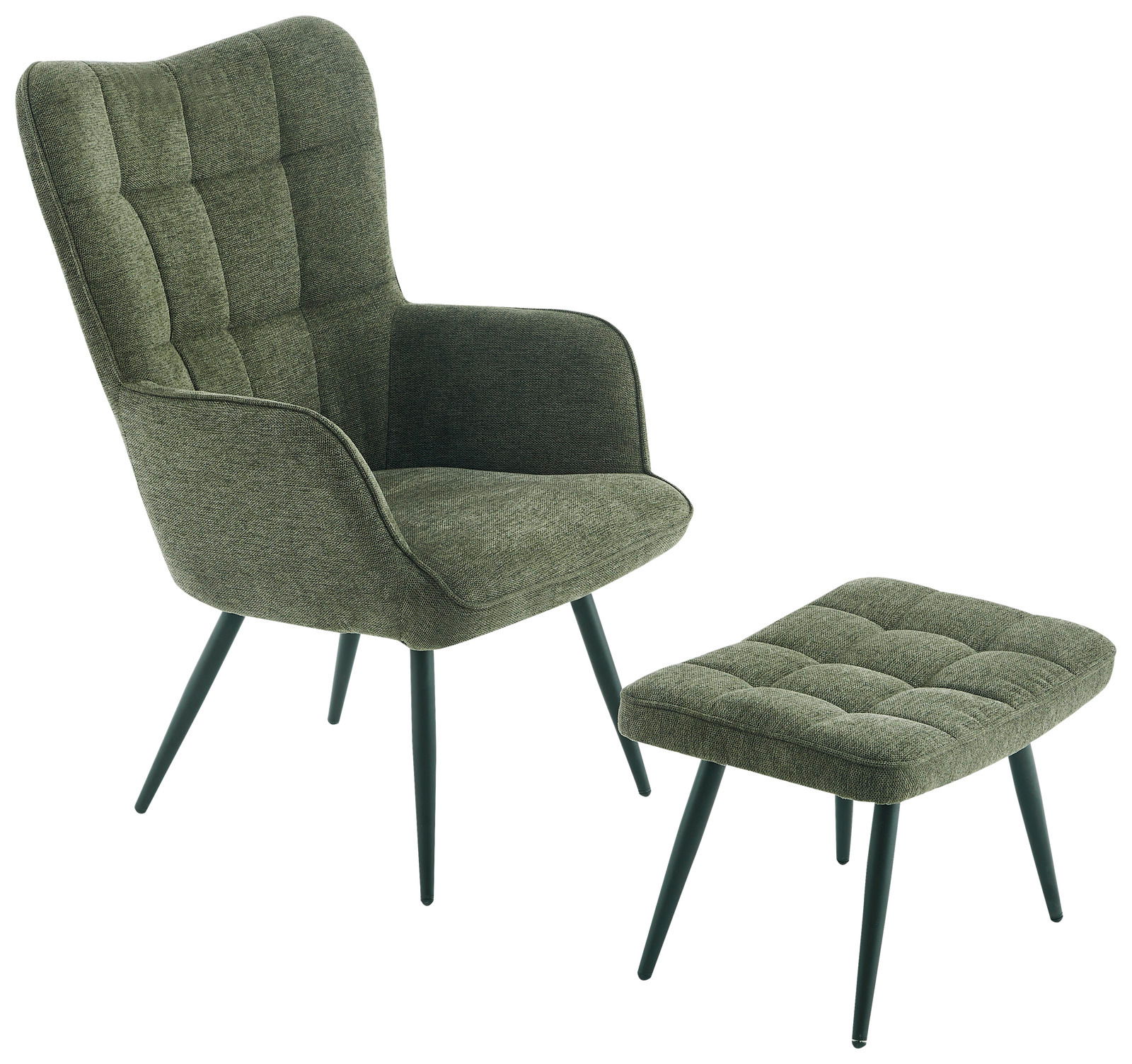 Grüner Sessel mit Hocker, seitliche Perspektive, modernes Design mit gepolstertem Stoff und schlanken Beinen.