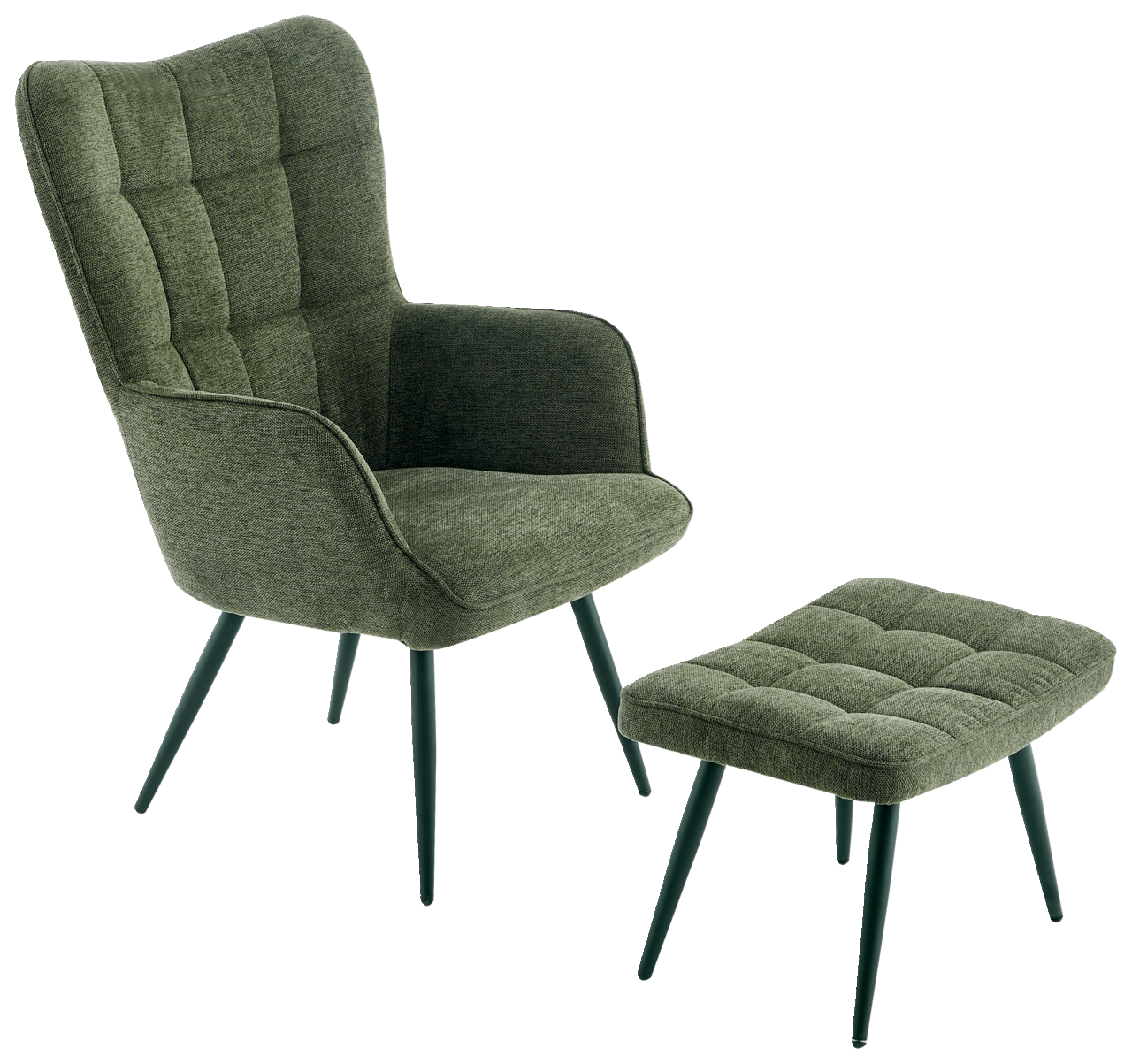 Grüner Sessel mit Hocker, seitliche Perspektive, modernes Design mit gepolstertem Stoff und schlanken Beinen.