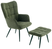 Grüner Sessel mit Hocker, seitliche Perspektive, modernes Design mit gepolstertem Stoff und schlanken Beinen.