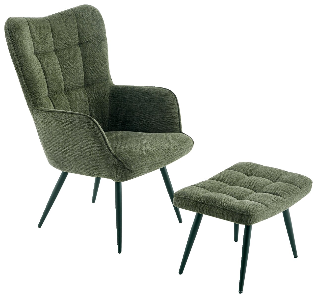 Grüner Sessel mit Hocker, seitliche Perspektive, modernes Design mit gepolstertem Stoff und schlanken Beinen.