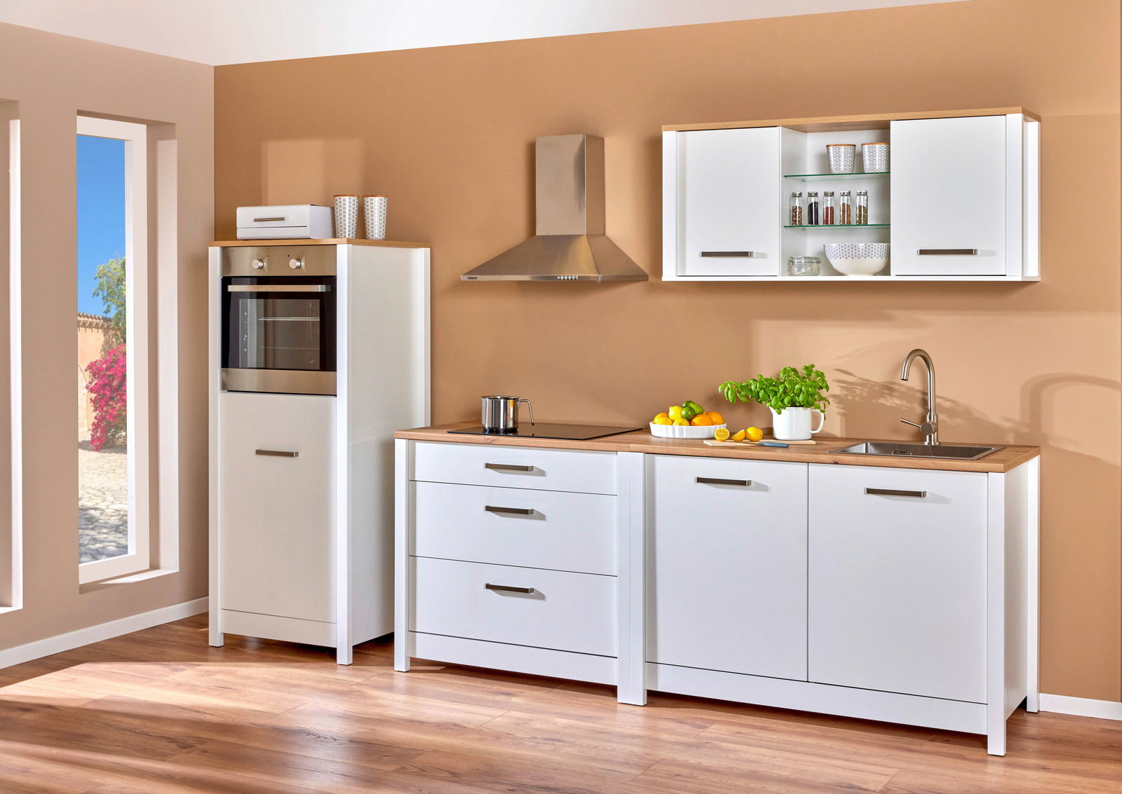 Landscape Modul-Küchenblock SORBA Moderne Küchenzeile mit weißem Schrank, Herd, Dunstabzugshaube und Spüle, seitliche Perspektive