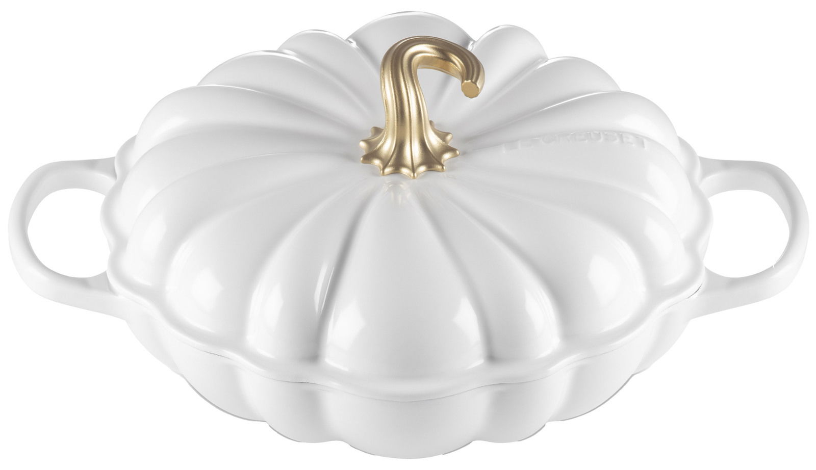LE CREUSET Gourmet-Profitopf Kürbis 28cm Weiß HALLOWEEN Weißer Gourmet-Profitopf in Kürbisform mit goldfarbenem Stiel, von oben betrachtet.