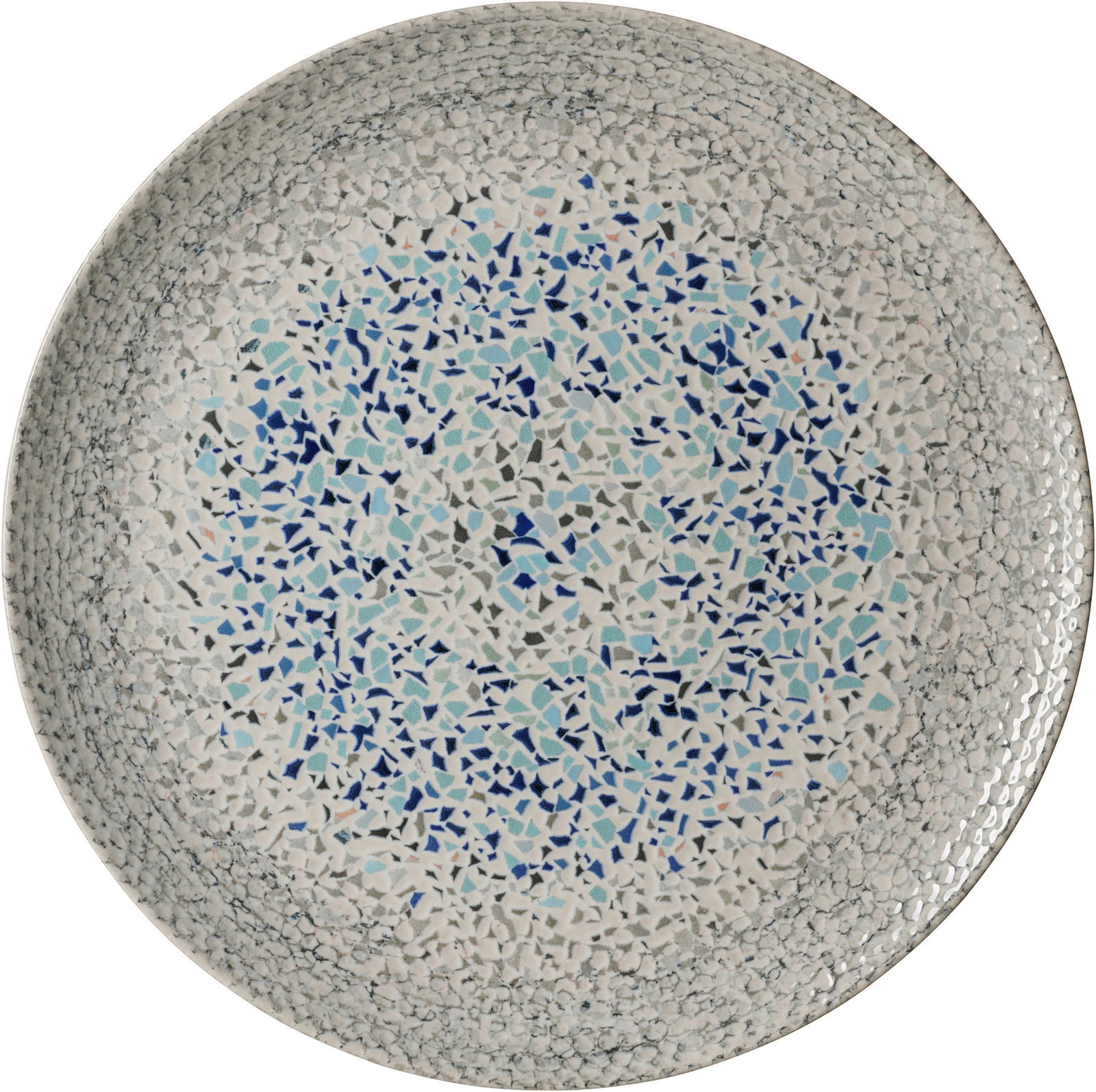 Runder Platzteller mit Mosaikmuster in Blau- und Grautönen, Draufsicht