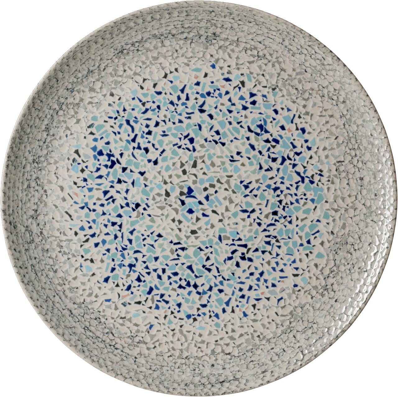 Runder Platzteller mit Mosaikmuster in Blau- und Grautönen, Draufsicht