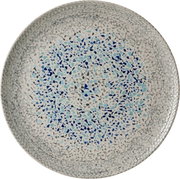 Rond schaalbord met mozaïekpatroon in blauw- en grijstinten, bovenaanzicht