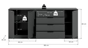 Schwarzes Sideboard mit zwei offenen Türen und drei Schubladen in der Mitte, mit Maßangaben (ca. 185 cm breit, 80 cm hoch, 35 cm tief) und Belastungsangaben; Frontansicht.