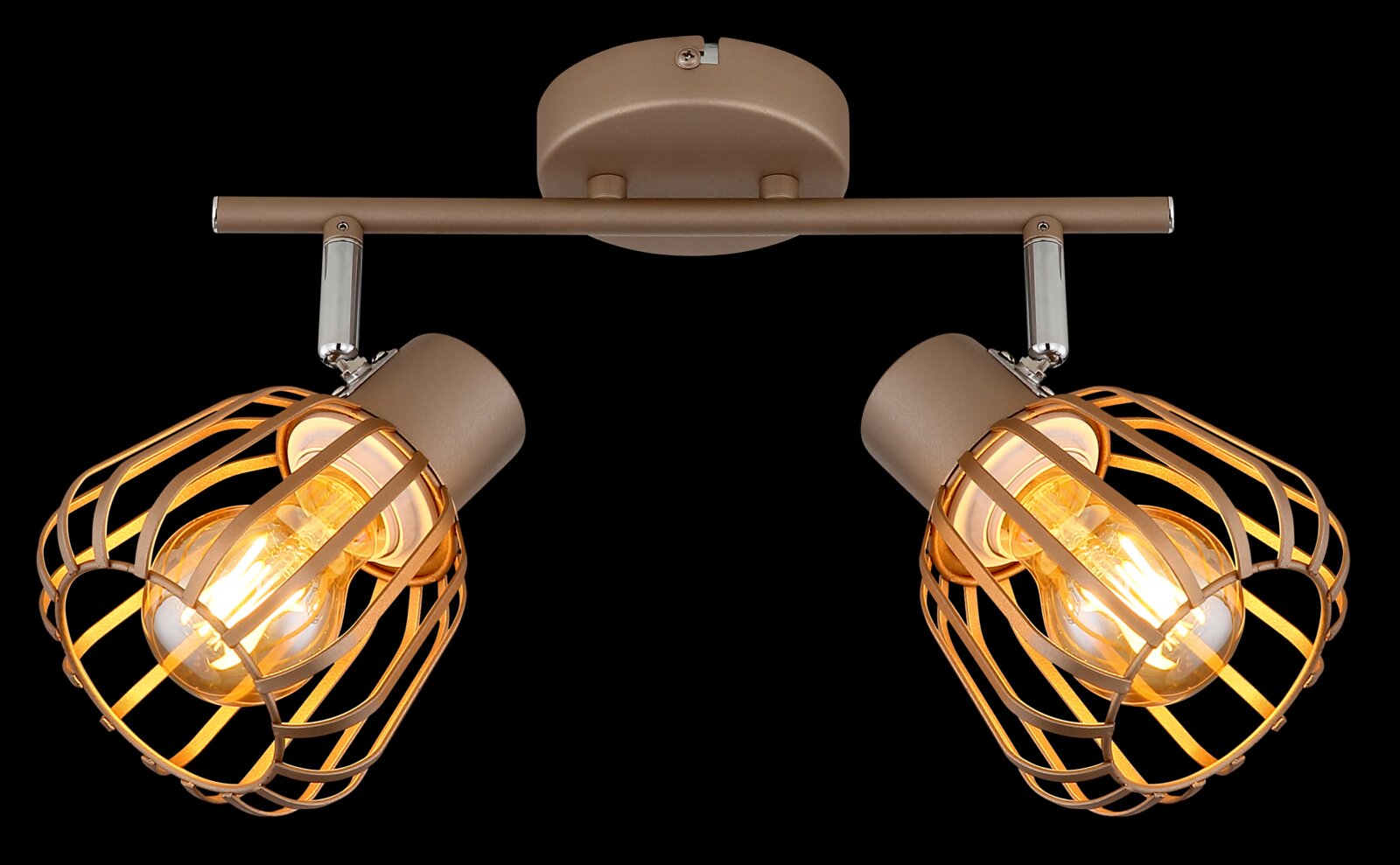 Zweiflammige Deckenleuchte/Spotleiste in Bronze mit zwei schwenkbaren Drahtgitter-Schirmen und warm leuchtenden Filament-Lampen, frontal aus leicht unterer Perspektive vor schwarzem Hintergrund