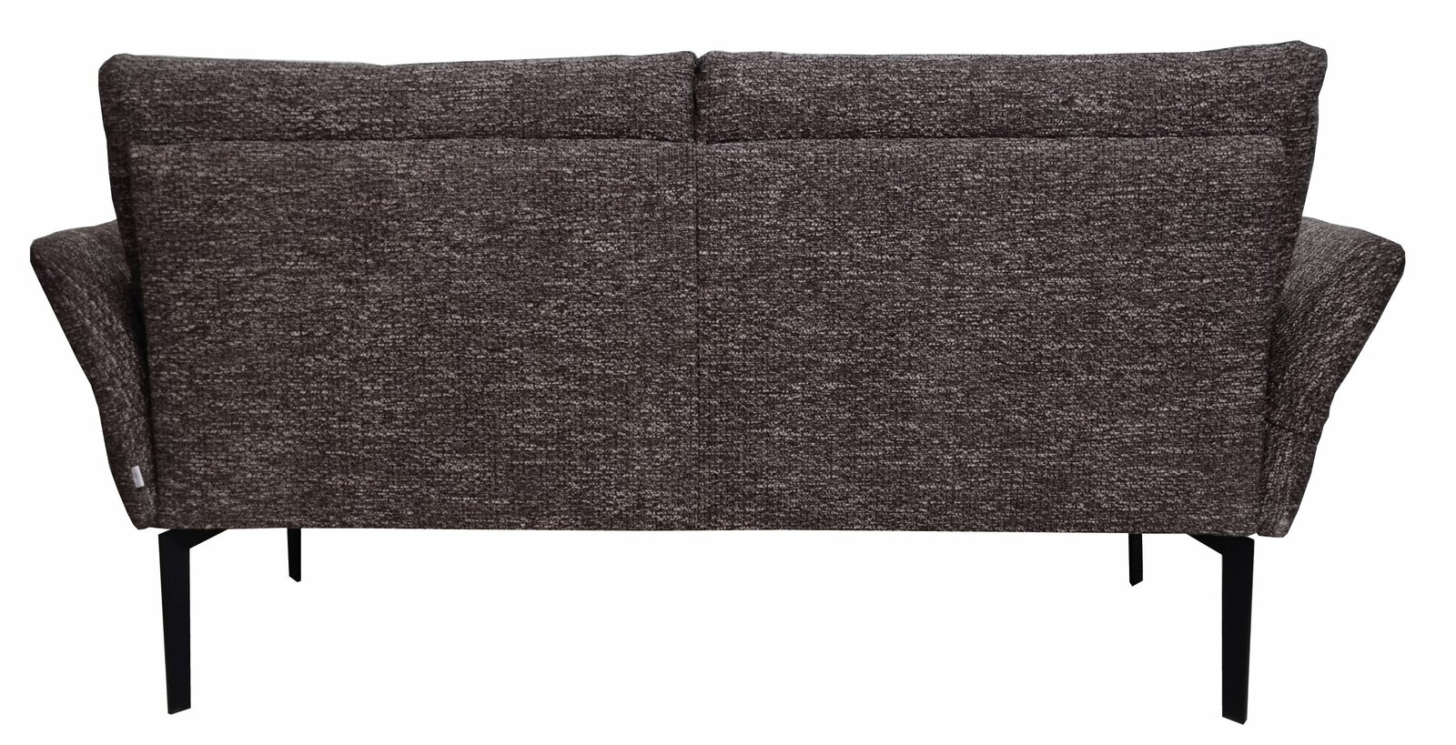 Rückansicht einer modernen, dunkelgrauen Bank mit schlanken schwarzen Metallbeinen.
