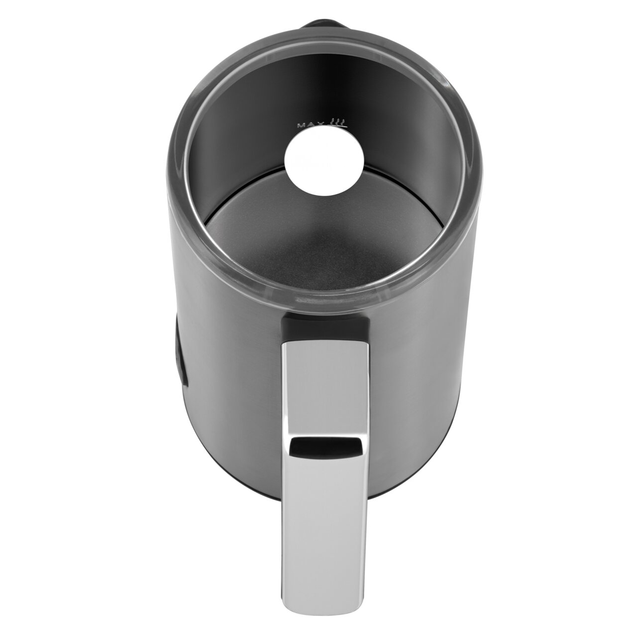 Milchaufschäumer Stelio aus der Vogelperspektive mit sichtbarem Innenraum und Griff.