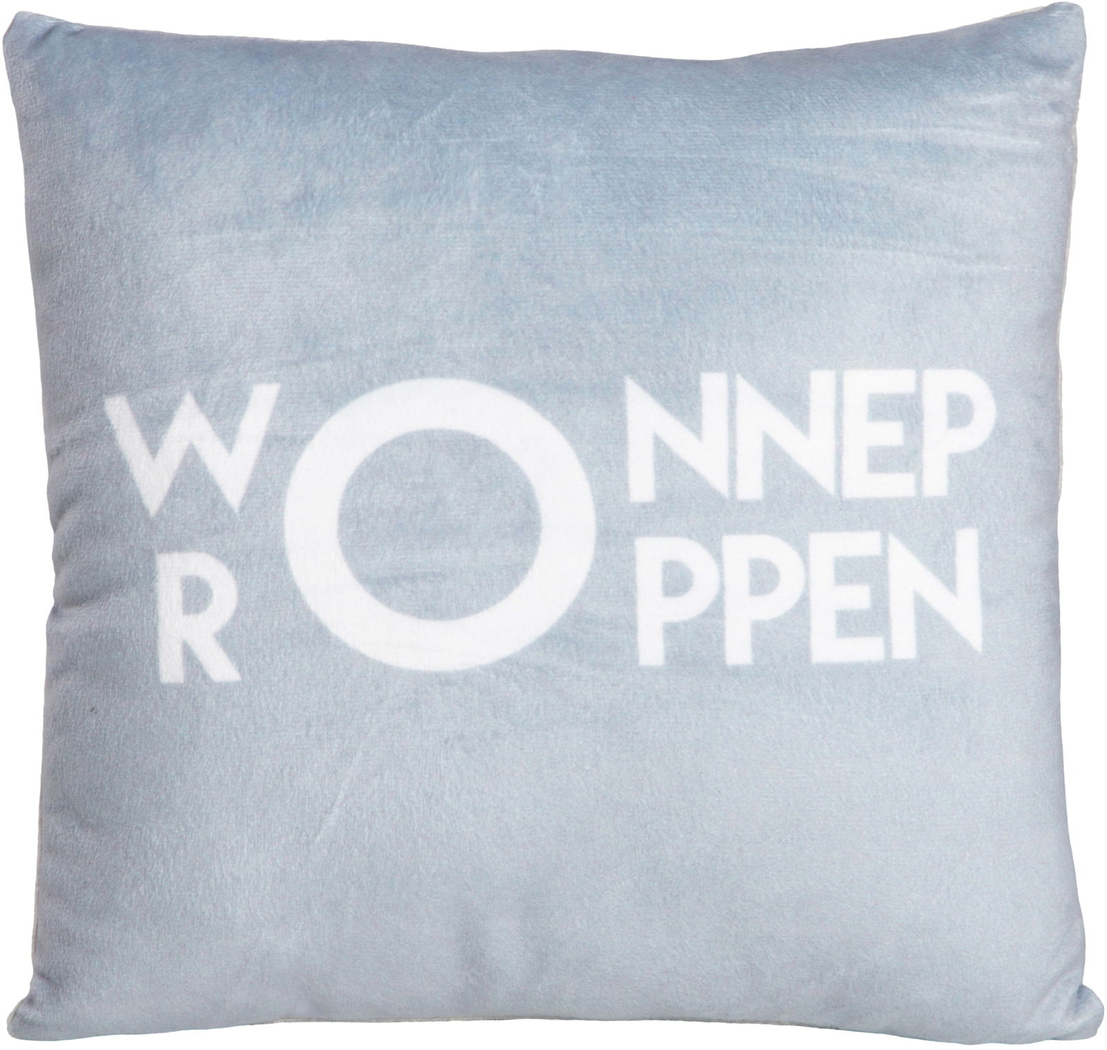 Graues Dekokissen mit weißem Schriftzug 'WONNEPROPPEN', frontal fotografiert.