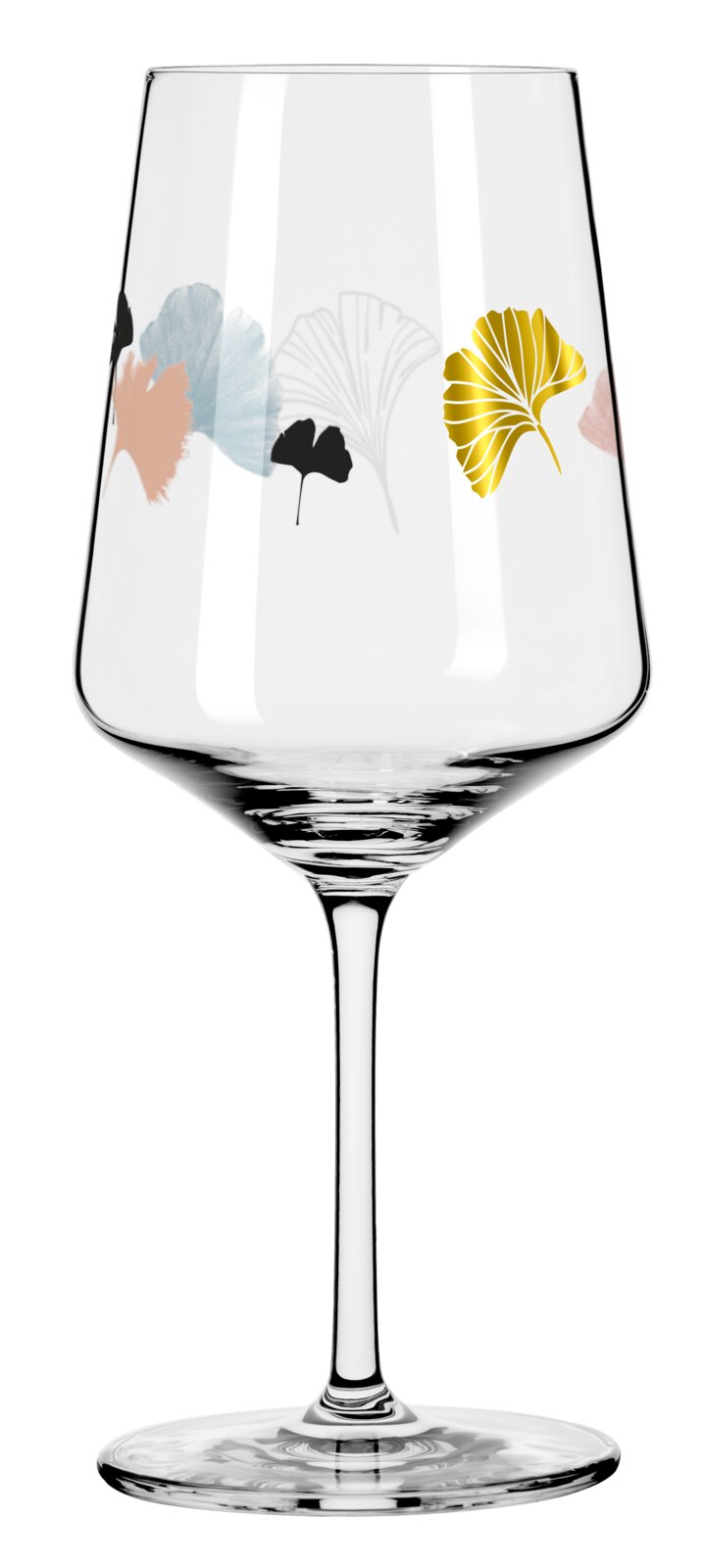 Transparant wijnglas met lange steel en botanische print met ginkgo-bladeren in goud, zwart en pasteltinten, frontaal aanzicht