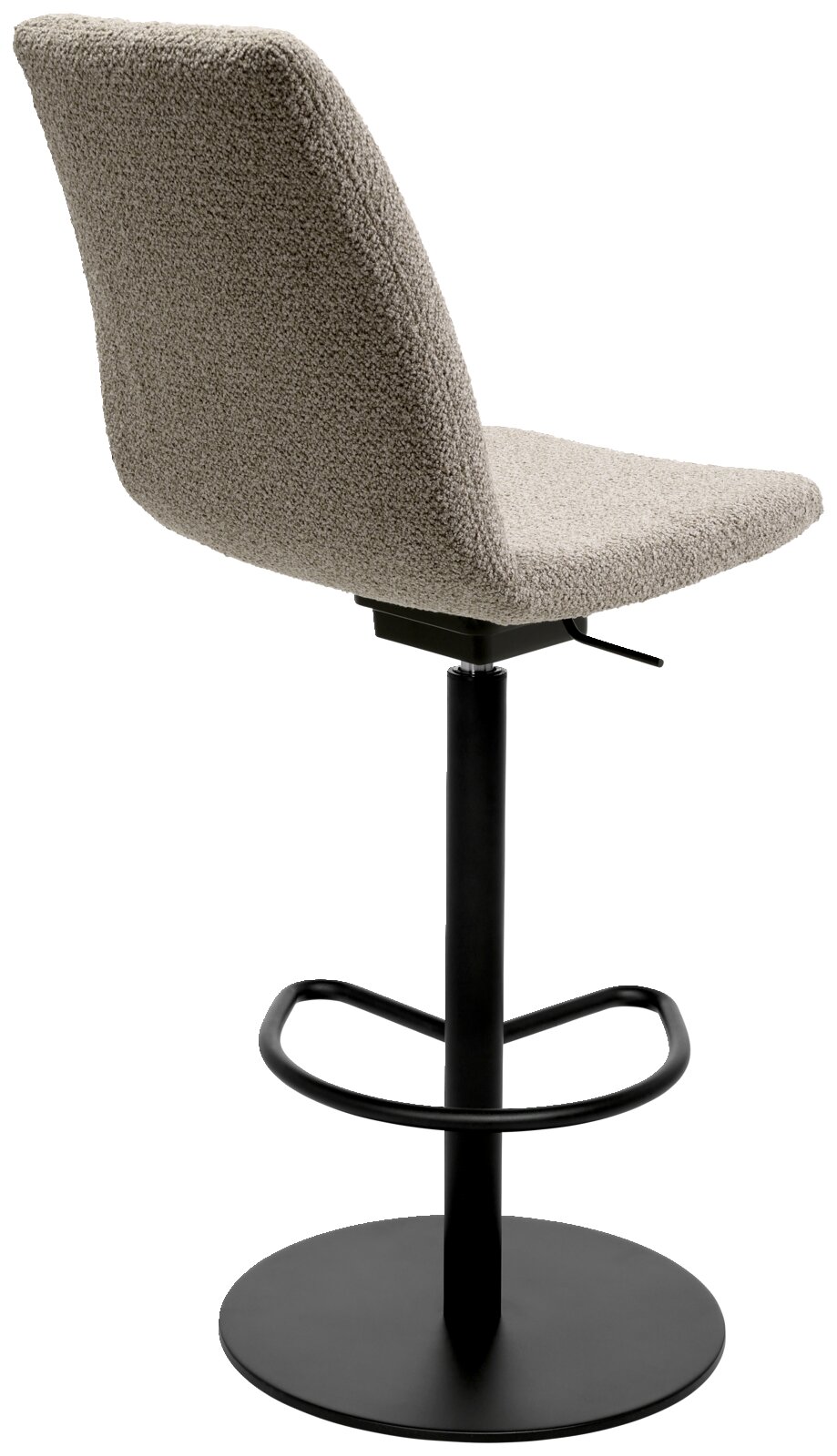 Achterkant van een moderne barkruk met een gestoffeerde rugleuning en zitting van grijze stof, een zwart metalen frame en een voetsteun.