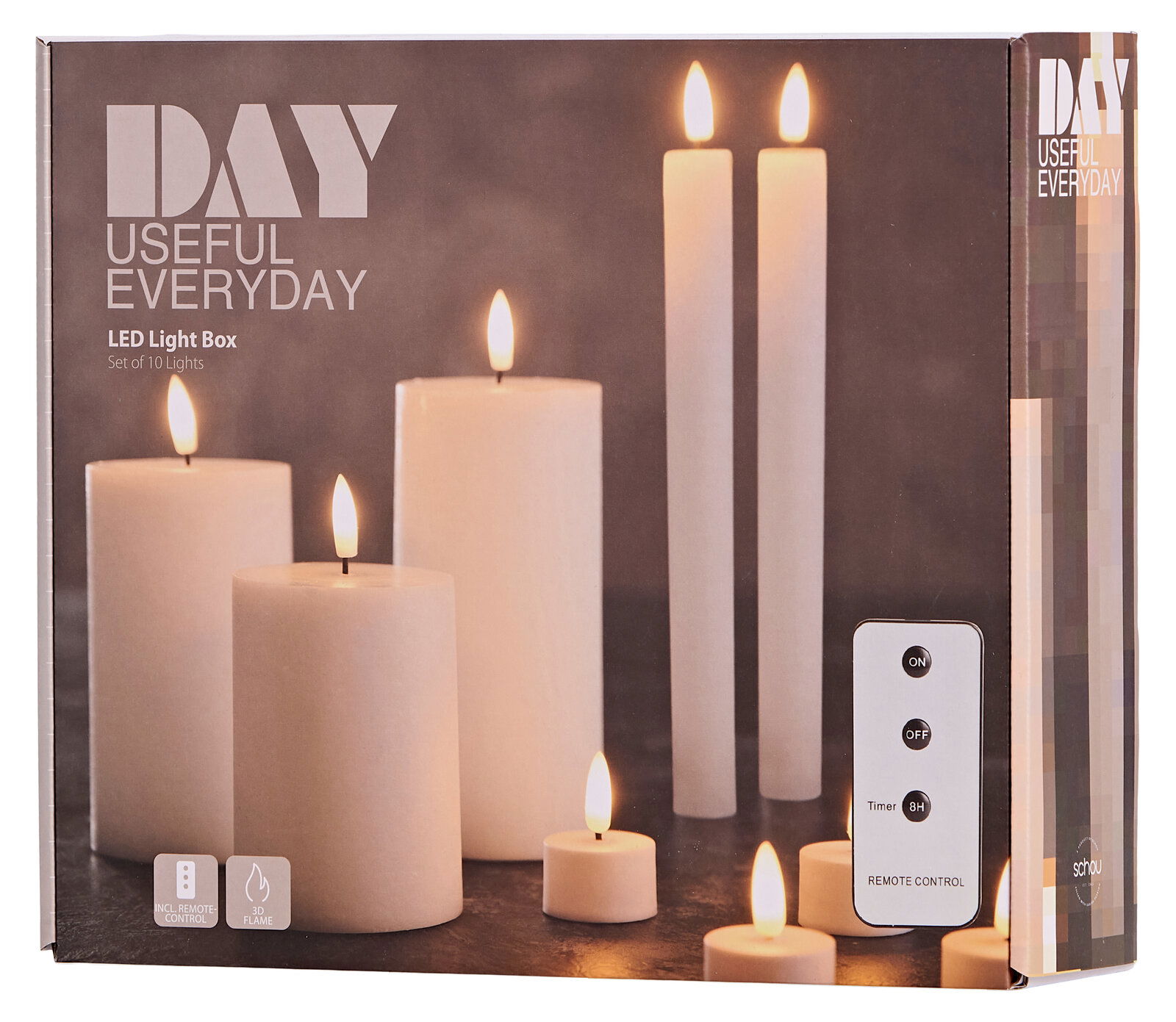 LED-Kerzenset mit 10 flammenlosen Kerzen in verschiedenen Größen, inklusive Fernbedienung, frontal abgebildet.