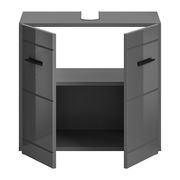 Grauer Waschbeckenunterschrank mit zwei offenen Türen, Frontansicht