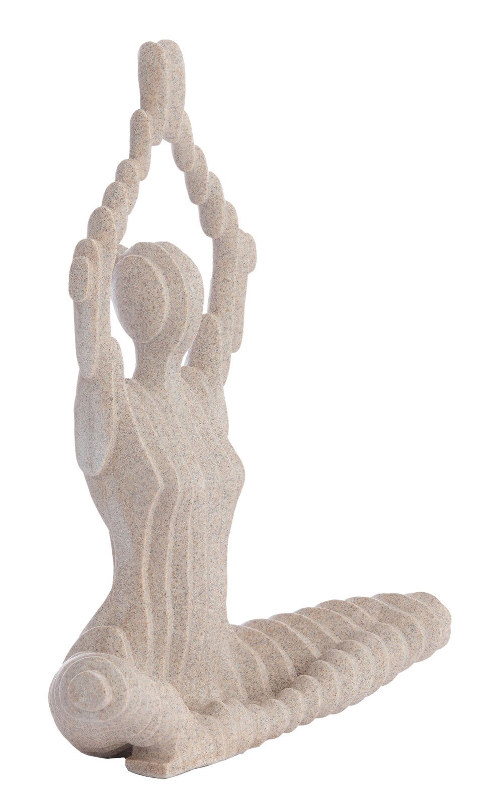 Steinornament in Form einer stilisierten Figur in Yoga-Pose, seitliche Perspektive