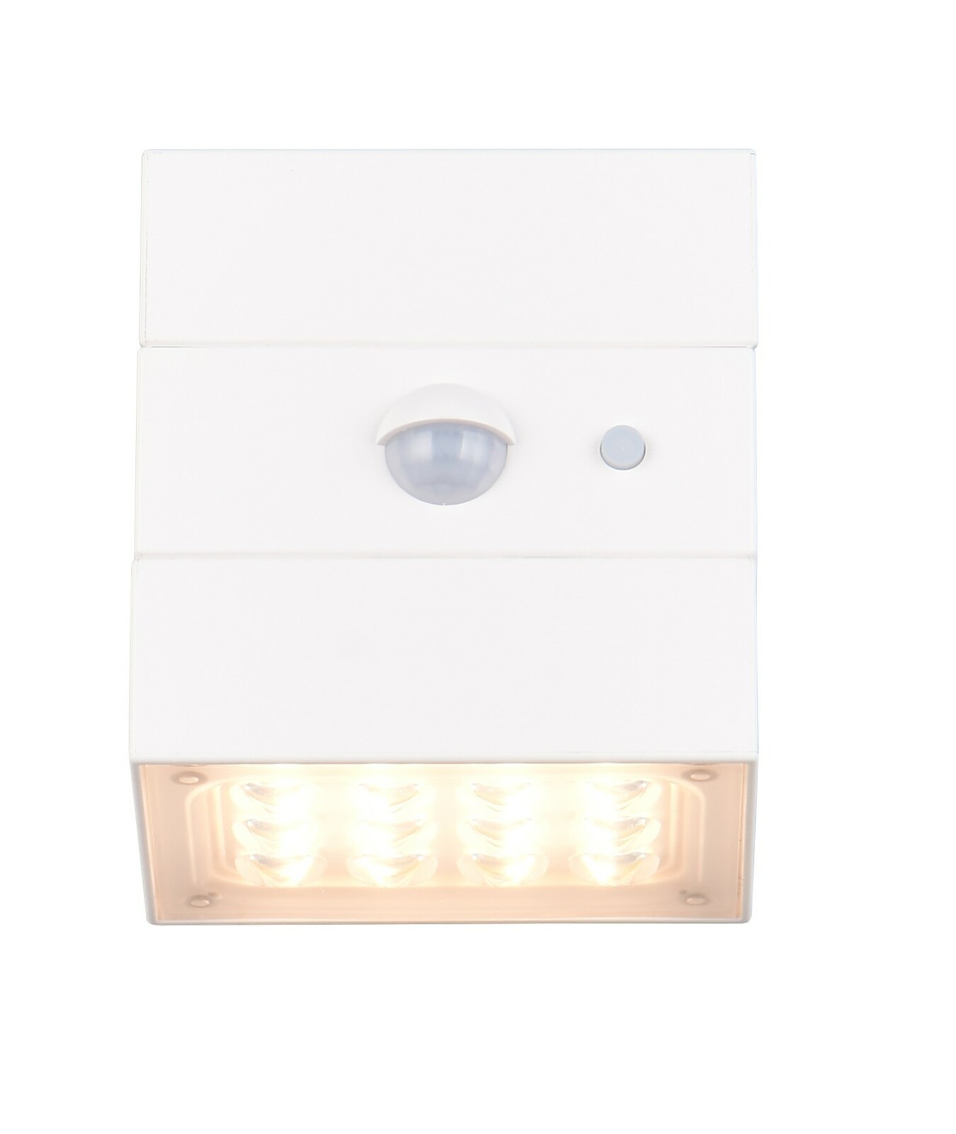 Weiße LED-Solar-Außenwandleuchte mit Bewegungsmelder, frontale Ansicht