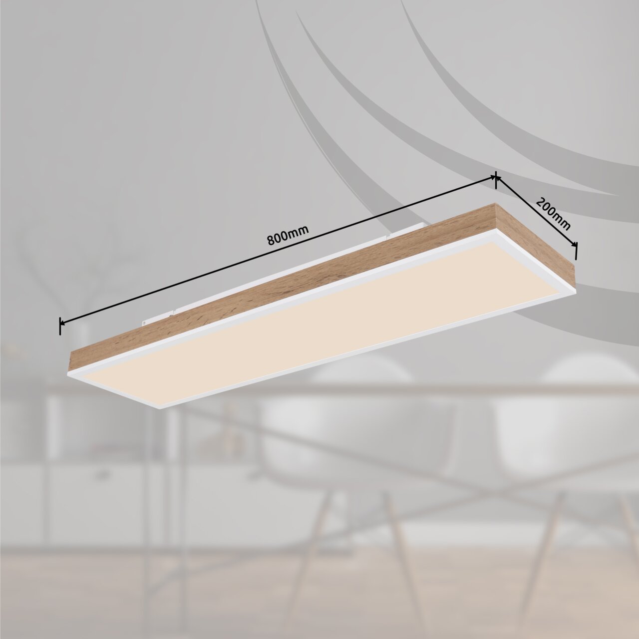 Moderne Deckenleuchte in Holzoptik, rechteckig, 800mm x 200mm, seitliche Perspektive