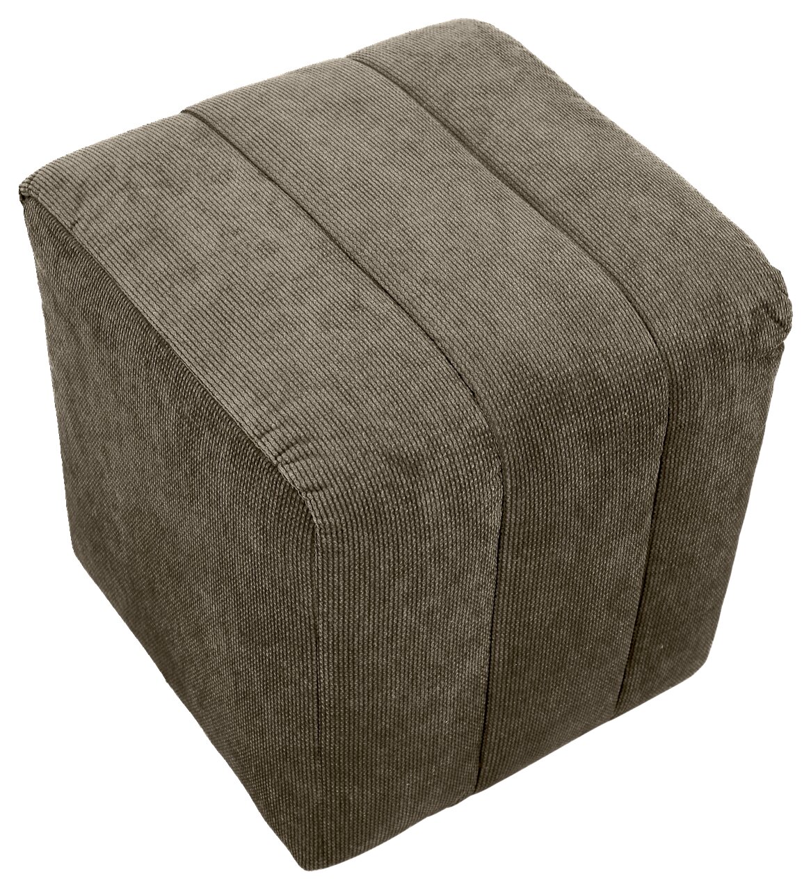 Grauer, quadratischer Hocker aus Stoff in schräger Draufsicht