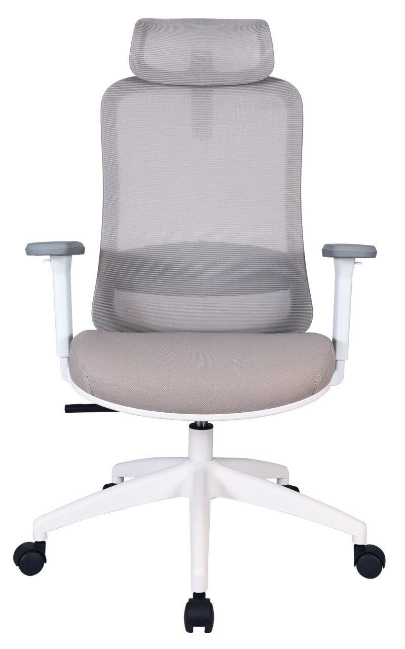 Moderner Drehstuhl mit Netzrückenlehne und Kopfstütze, Vorderansicht
