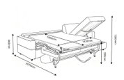 Technische Maßzeichnung eines ausgeklappten Schlafsofas mit verstellbarer Rückenlehne aus schräger Vorderansicht; Liegefläche 1900 × 1420 mm, Matratzenhöhe 120 mm, Gesamtlänge 2070 mm und Gesamthöhe 1300 mm.
