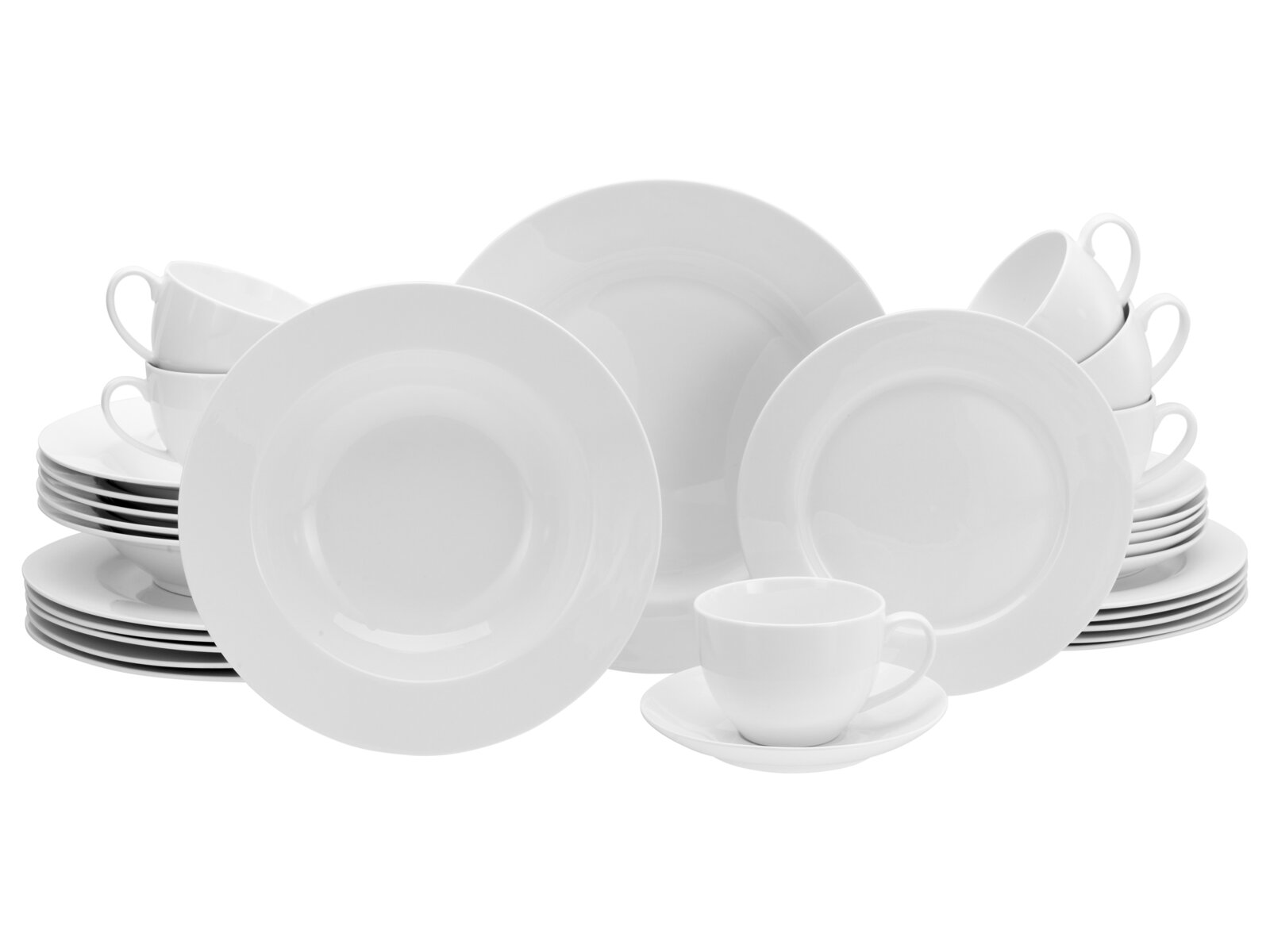 Creatable Kombiservice 30-tlg FLEUR ROYAL Weißes Porzellan-Tafelservice mit Tellern, Schalen und Tassen, frontal in leichter Schrägansicht vor weißem Hintergrund arrangiert.