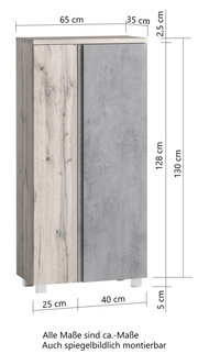 Midischrank 65 cm in Holz- und Betonoptik, frontale Ansicht mit Maßen.