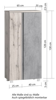 Midischrank 65 cm in Holz- und Betonoptik, frontale Ansicht mit Maßen.