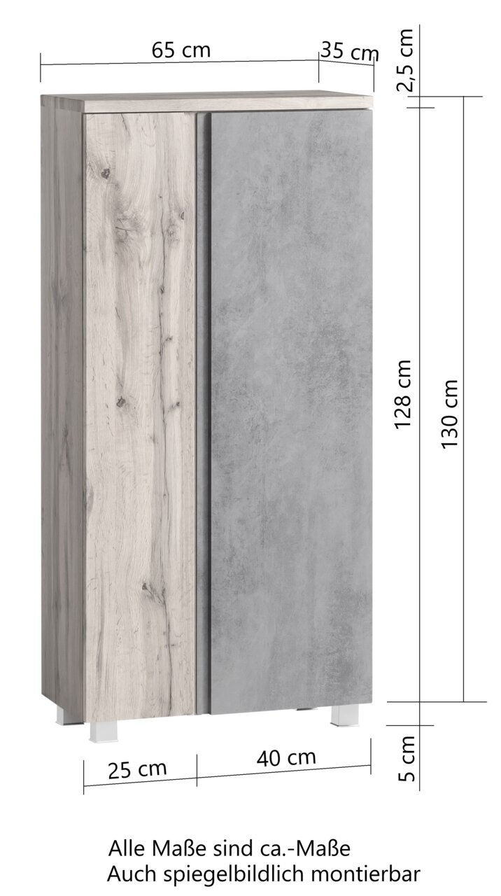 Midischrank 65 cm in Holz- und Betonoptik, frontale Ansicht mit Maßen.