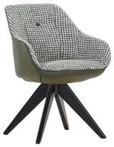 Moderner Armlehnstuhl mit grünem Leder und gemustertem Stoffbezug, seitliche Perspektive