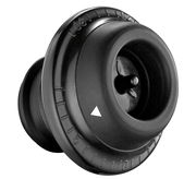 Schwarze Weinpumpe CAMPANIA, seitliche Perspektive, mit Skala und Pfeilmarkierung.