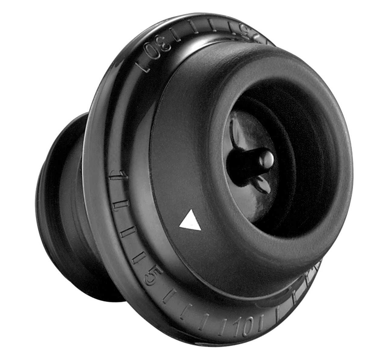 Schwarze Weinpumpe CAMPANIA, seitliche Perspektive, mit Skala und Pfeilmarkierung.