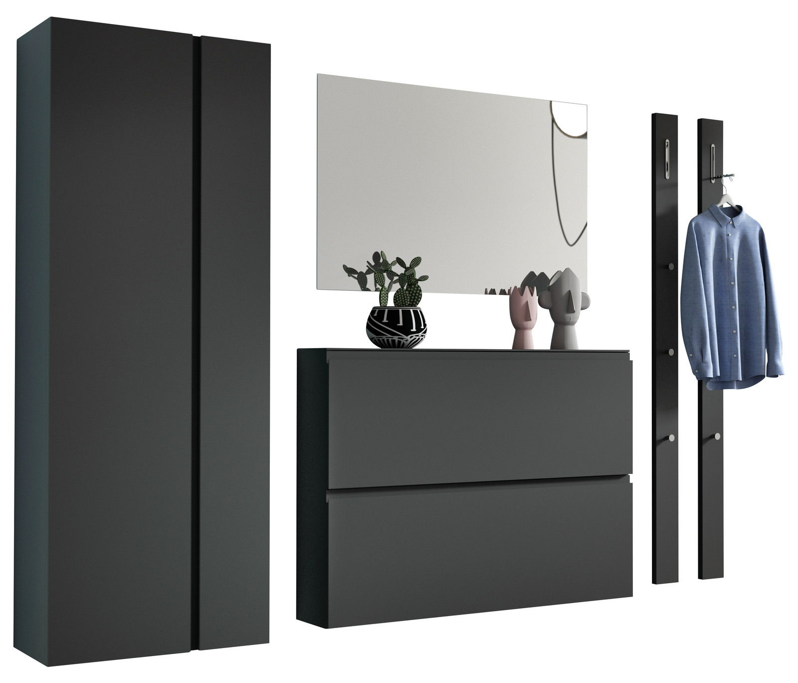 Moderano Garderoben-Set LECCO Modernes Garderobenset in dunklem Design mit Schrank, Spiegel, Kommode und Kleiderhaken, frontal betrachtet.