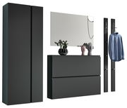 Modernes Garderobenset in dunklem Design mit Schrank, Spiegel, Kommode und Kleiderhaken, frontal betrachtet.