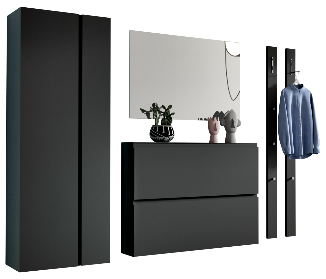 Moderano Garderoben-Set LECCO Modernes Garderobenset in dunklem Design mit Schrank, Spiegel, Kommode und Kleiderhaken, frontal betrachtet.