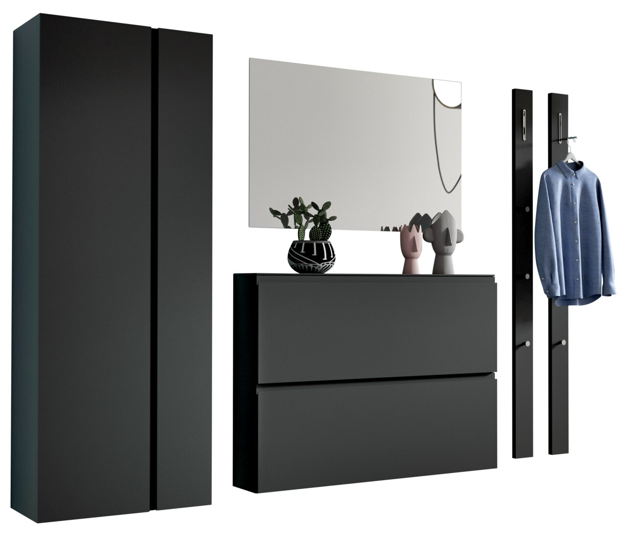 Modernes Garderobenset in dunklem Design mit Schrank, Spiegel, Kommode und Kleiderhaken, frontal betrachtet.