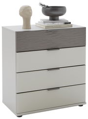 Schubkastenkommode mit vier Schubladen, obere Schublade mit wellenförmiger Struktur, dekoriert mit einer Skulptur und einer Schale, Perspektive von vorne.