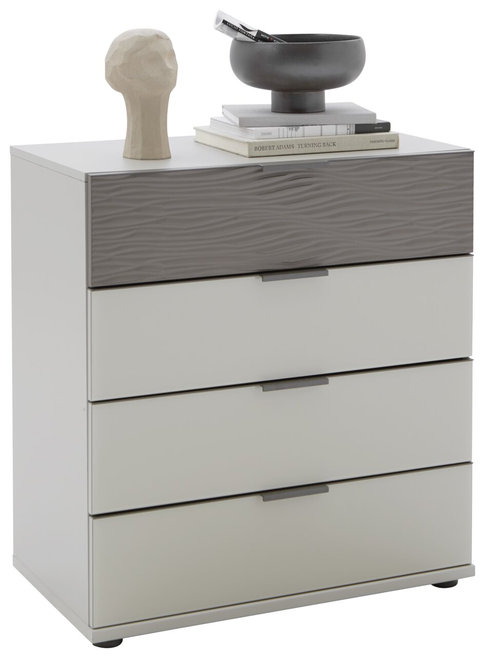 Schubkastenkommode mit vier Schubladen, obere Schublade mit wellenförmiger Struktur, dekoriert mit einer Skulptur und einer Schale, Perspektive von vorne.