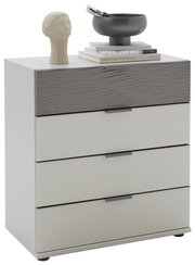 Schubkastenkommode mit vier Schubladen, obere Schublade mit wellenförmiger Struktur, dekoriert mit einer Skulptur und einer Schale, Perspektive von vorne.