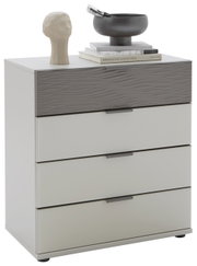 Schubkastenkommode mit vier Schubladen, obere Schublade mit wellenförmiger Struktur, dekoriert mit einer Skulptur und einer Schale, Perspektive von vorne.
