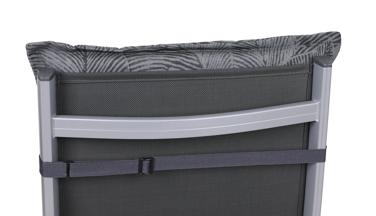 Rückansicht einer grauen Sesselauflage mit Pflanzenmuster, befestigt an einem Metallrahmen.
