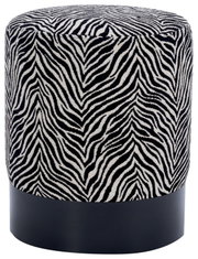 Cilindrische poef met zwart-wit zebraprint en zwarte voet, vrijstaand op een witte achtergrond, vooraanzicht licht van bovenaf