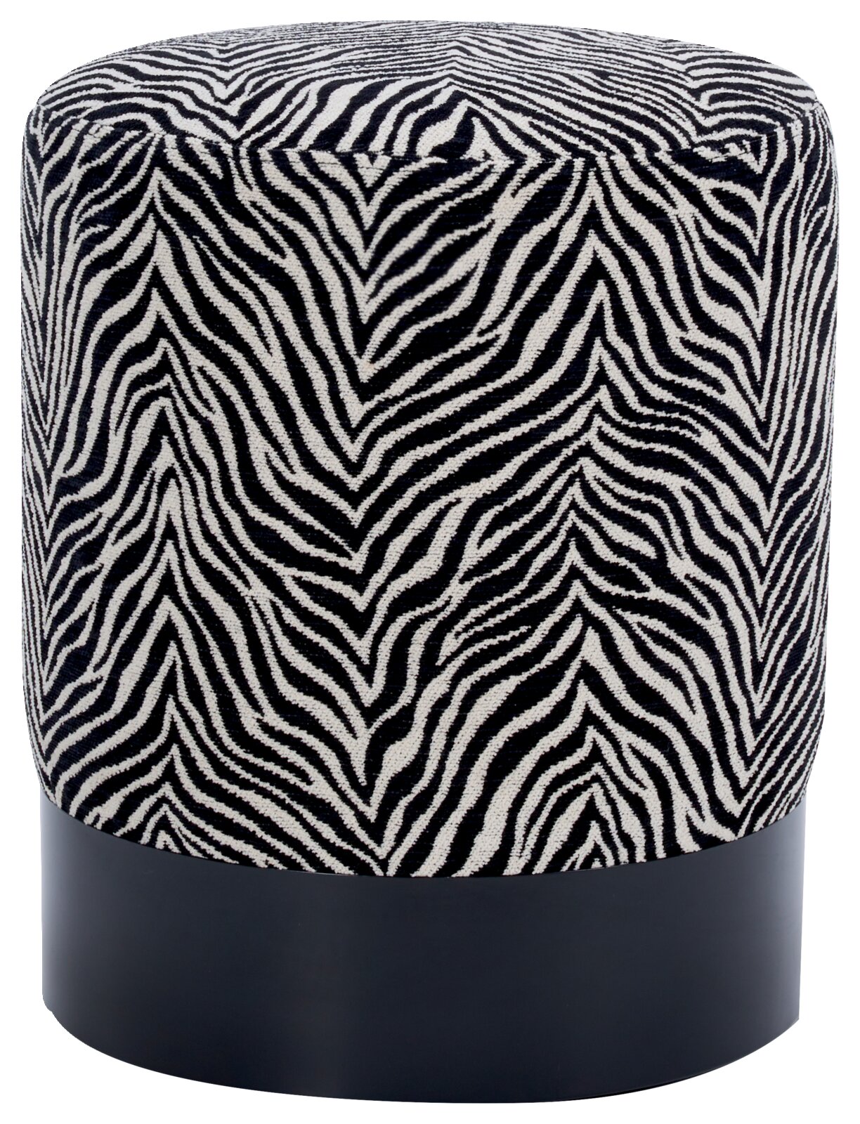 Cilindrische poef met zwart-wit zebraprint en zwarte voet, vrijstaand op een witte achtergrond, vooraanzicht licht van bovenaf