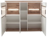 Offenes Highboard mit Holzelementen und Glasböden, frontal betrachtet