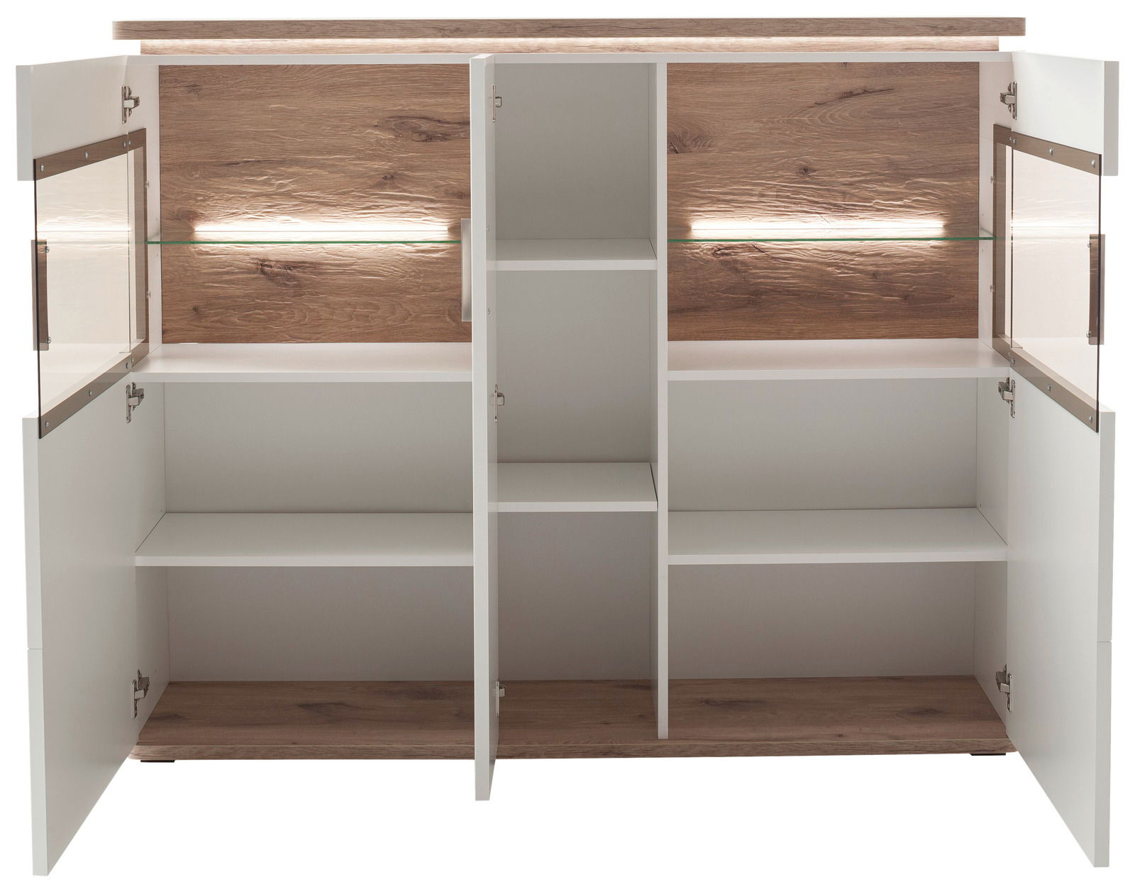 Offenes Highboard mit Holzelementen und Glasböden, frontal betrachtet