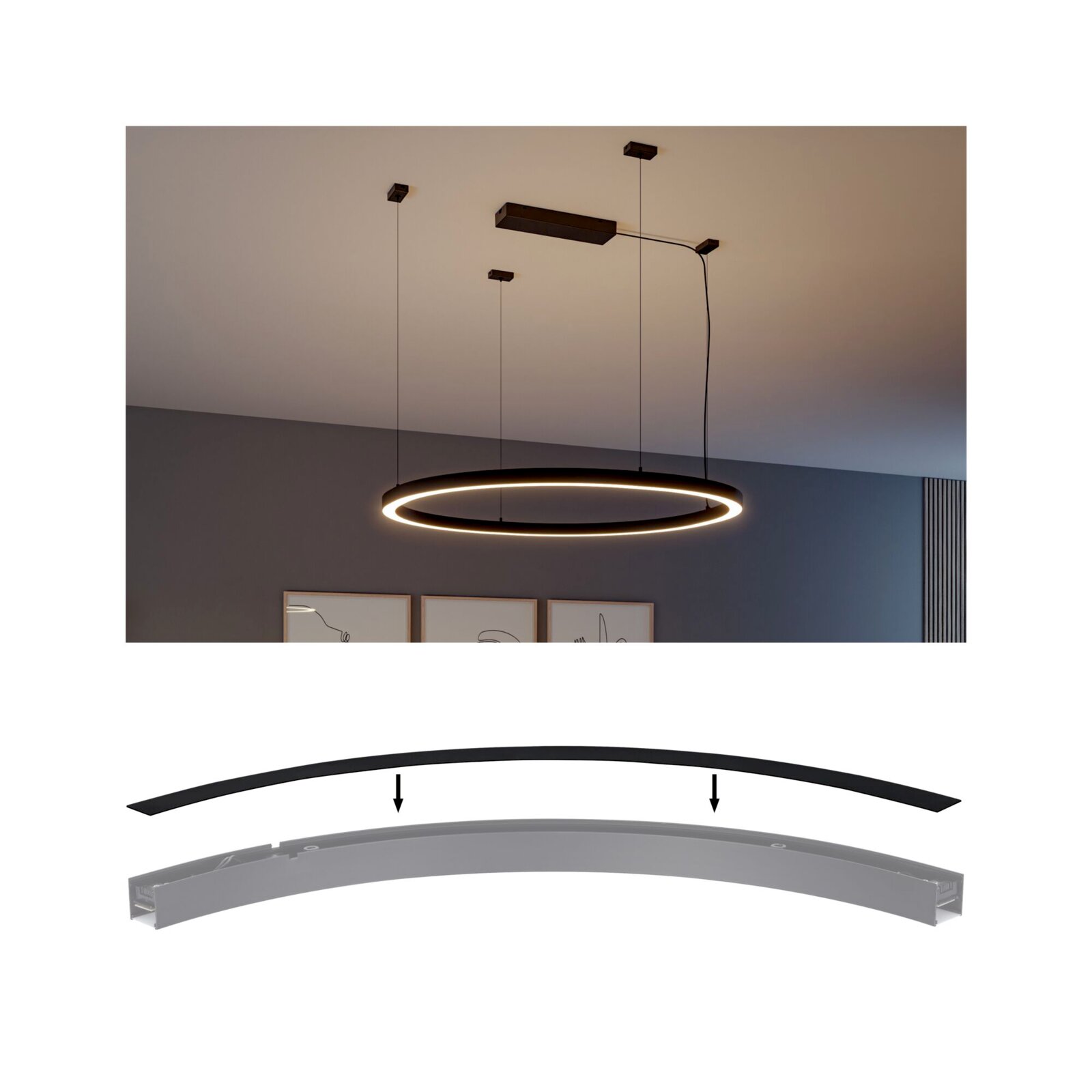 Moderne schwarze LED-Ring-Pendelleuchte mit warmweißem Licht, an mehreren dünnen Seilen von der Decke abgehängt, Innenraumansicht aus leicht schräger Untersicht.